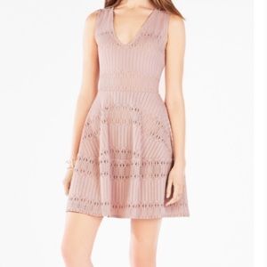 BCBGMAXAZRIA Amberly Fit & Flare Dress Stripe Lace Overlay V Neck Stretch